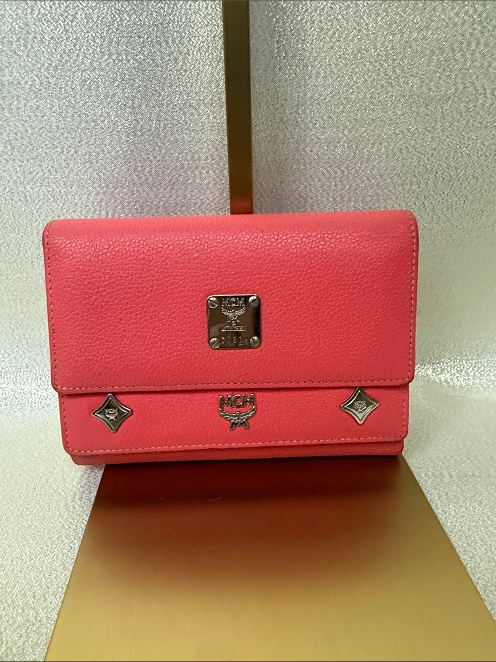 MCM Coral Pink Pebbled Leather Wallet with Silver Hardware Double Snap